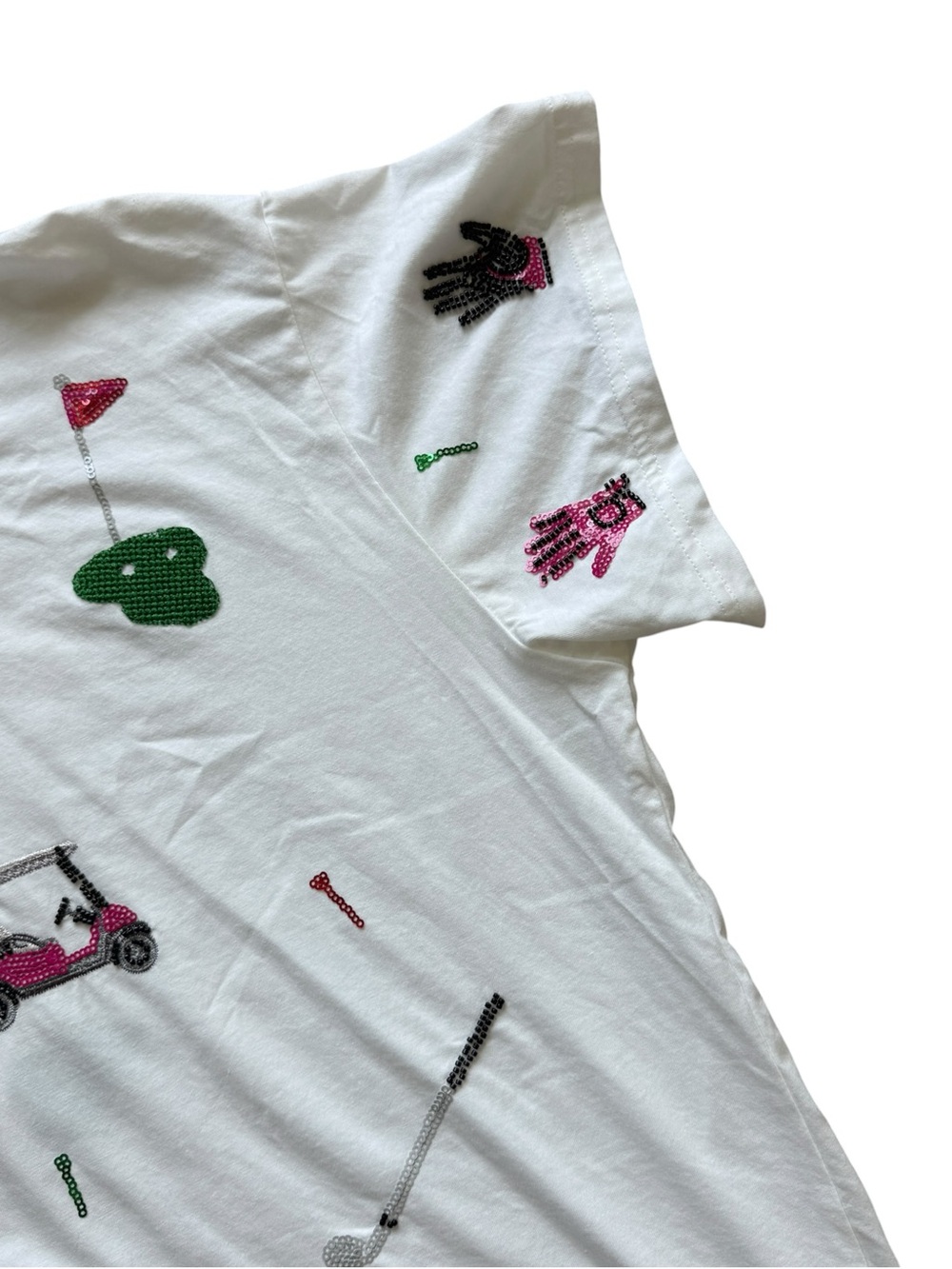 Queen of Sparkles Scatter Golf Icon Sequin Tee White Pink Oversized Shirt Size L - Picture 6 of 13